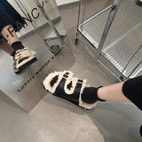 New Winter Plush Inside Women Slipper Casual Fashion Buckle Artificial Fur Outside Home Platform Soft Slides