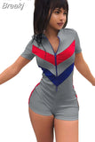 Sport Women Rompers Zipper Bodycon Jumpsuit Striped Patchwork Casual Slim Overalls Short Sleeve Streetwear