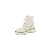 Women Genuine Leather Motorcycle Boots Platform Thick Heel Round Toe Shoes Med Heel Lace Up Ladies Boots Autumn