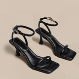 Ankle-Strap Buckle Sandal Summer Square Toe Ladies Stiletto High Heel Shoes Sexy Solid Thin Band Sandalias De Mujer