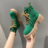 Women Autumn Winter Ankle Boots Classic British Style Leather Lace-up Fashion Short Boots Green Round Toe Botas