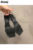 New Genuine Leather Retro Square Toe Pinch Sandals Fashion High Heel Slippers