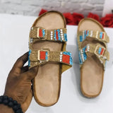 Designer New Retro Ethnic Style Gold Buckle Spot Drill Decorative Hollow Open Toe Women Slippers Flat woman 2023