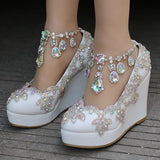 Queen Rhinestone Bride Wedding Shoes Woman Ankle Strap Wedges High Platform