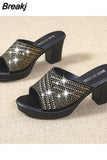 Fashion High Square Heels Slides Women Shining Crystal Platform Sandals Woman Slip on Rhinestone Slippers