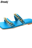 Women Summer Slides Chain Decorative Flip Flops Outdoor Sexy Casual Sandals Female Square Heel Slippers Plus Size