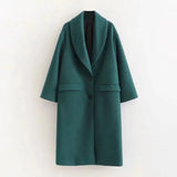 Elegant Green Long Woolen Coat Women Vintage Single Breasted Warm Overcoat Winter Long Sleeve Pockets Chic