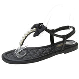 String Bead Soft Sole Sandals Women 2022 Summer Bowknot Clip Toe Flat Sandals Woman Comfy Non Slip T-Strap Rome
