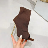 Spring Square Peep Toe Stretch Fabric Knitting Ankle Sock Boots Women Fashion Thin High Heels Dance Shoes Botas Beige