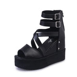 Korean Female High-End Zipper Hollowed Out Roman Sandals Muffin Thick Soles Raised Fish-Mouth Slope Heels For Women's