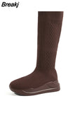 Thick High Heeled Women Stretch Boots 2023 Hot Fashion Knit Stretch Mid Calf Boots Slip On Simply Stylish High