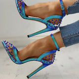Brand Sexy Thin High Heels Party Summer Sandals Shoes Woman Pointed Toe Rivets PVC women's ankle-strap Lady