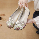 New Head Layer Cowhide Flat Bottom Low Heel Women's Shoes National Wind Flower Skin Casual Women's Single Shoes Middle-Aged And Elderly Mother