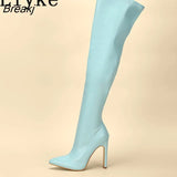 Autumn Winter Brown Leather Pointed Toe Over The Knee Thigh High Boots Women Fashion Zip Square Heels Motorcycle