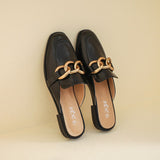 mules fashion design Flat Square Toe Chain Backless Shoes Summer outdoor and indoor office wear White black slipper