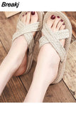 Cross Band Women Slide Sandals Beach Hemp Rope Slides Espadrille Flip Flops Two Straw Straps Shoe Female Beach