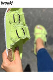 Summer Women Fashion Canvas Cork Slippers Casual Double Buckle Tassel Clogs Slides Non-slip Outside