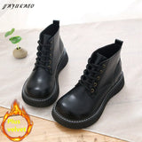 Girl Retro British Small Leather Boots Wide-Head Womens Ankle Boots Handmade Warm Big-Head Short Boots Student Women