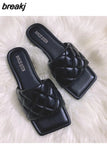 Size 35-41 Slippers Women Flat Square Toe Slides Beach Flip Flops Fashion Embroidery Sandal Gingham Slipper Apple Green