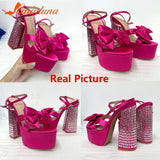 Buckle Platform Women Sandals Summer 2023 New Hot Sexy Elegant Rhinestones Shoes Thick Heels Sandals Bowknot Decor