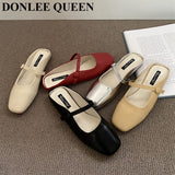 Brand Slippers Women Square Toe Slip On Mules Shoes Fashion Mary Janes Flats Heel Ladies Slides Female Spring Loafers