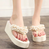 High Heel Women's Beaded Flip-flops Women's Non-slip Slope with Sandals and Slippers Wear Holiday Seaside Beach Shoes