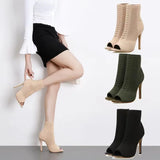Ladies Peep Toe Stretch Fabric Knitting Ankle Boots Small Hole Hollow Out Breathable Dress Women High Heels Dance