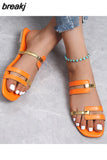 Women's Slippers 2023Summer Gold color Thin belt combination Square Head Flat Heel Female plus size outdoor beach women