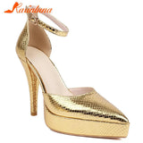 Brand 2023 Thin High Heel Ankle Strap Pumps Shoes Pointed Toe Metallic Feel Design Sexy Style Spring Summer Lady Women