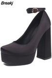 Pumps Round Toe Chunky Block Heel Ankle Strap With Heart 2023 Spring Brand New High Heels Mary Janes Women