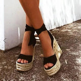 Large Size Beige Heeled Sandals Velvet Shoes Cross-Shoes Clogs Wedge 2024 Summer Espadrilles Platform Big Black High