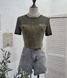 Real Shooting 2024 Summer Denim Splicing Mesh Yarn Short-Sleeved T-Shirt Design Fake Two Hot Girl Short Top