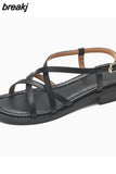 Size 33-40 Women Sandals Real Leather Rome Low Heels Summer Shoes For Women 2023 Buckle Strap Chunky Heel