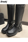 High Heels Women Mid Calf Boots 2023 Hot Punk Gothic Knee High Motorcycles Boots Buckle Comfy Walking Boots Autumn