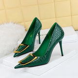 Breakj Korean Version Of Fashion And Slender Thin Heel Shallow Pointed Metal Buckle Single Shoes Women's High