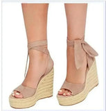 Large Size Beige Heeled Sandals Velvet Shoes Cross-Shoes Clogs Wedge 2024 Summer Espadrilles Platform Big Black High
