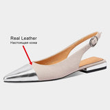 Size 34-39 Flats Sandals For Women Real Leather Low Heels Shoes For Women 2023 Summer Slingback Buckle Chunky