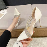 Women Fashion Pumps Slip On Shallow Dress Shoes High Heel Wedding Shoes Pointy Toe Pumps Narrow Band Crystal Stiletto Thin