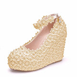 Queen Wedges Wedding Pumps Sweet White Flower Lace Pearl Platform Shoes Bride Dress High