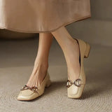 Shoes Retro Square Toe Leather Loafers for Women 2024 New Spring Fashion Elegant Metal Buckle Female Pumps Zapatos