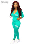Fall PINK Letter Print Tracksuits Women Zip Hooded Long Sleeve Coat And Pants Two Piece Set Female Casual Sport