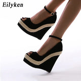 Platform Sandals Women High Quality Flock Fabric Peep Toe Fashion Buckle Strap Wedge Heels Dress Ladies