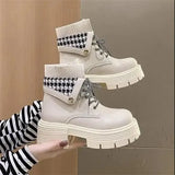 Boots Rock Shoes Woman Boots-Women Flat Heel Luxury Designer Round Toe Lace Up Winter Footwear 2023 Ankle Med Lolita