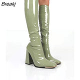 Boots Square Heel Knee-High Classic Square Toe Boots PU Leather Zip Boots Party Dress Dance Shoes Botas De