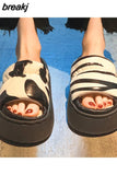 2023 New Summer Women Fashion Holiday Platform Slipper Zebra Casual Waterproof Med Heel Outside Slides