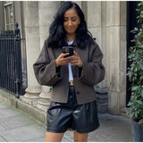 Fashion Lapel Long Sleeve Cropped Coat Women's Elegant Solid Single Breasted Jacket Autumn Winter Chic Warm Street