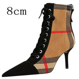 Shoes Women Boots Fashion Stiletto Ladies Ankle Boots Lattice Color Matching Short Boots Pointed Toe High-Heeled