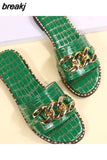 Size 35-43 Flat Leopard Women'S Slippers New European American Metal Chain Square Toe Flat Shoes Women'S Sandals