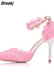 Shoes Bride White Wedding Shoes Female High Heels Ankle Strap Pumps Women's Shoes Rhinestone Lace High Heels Party