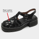 Size 34-40 Women Sandals Real Leather Rome Retro Medium Heels Shoes For Women Summer 2023 Fashion Platform